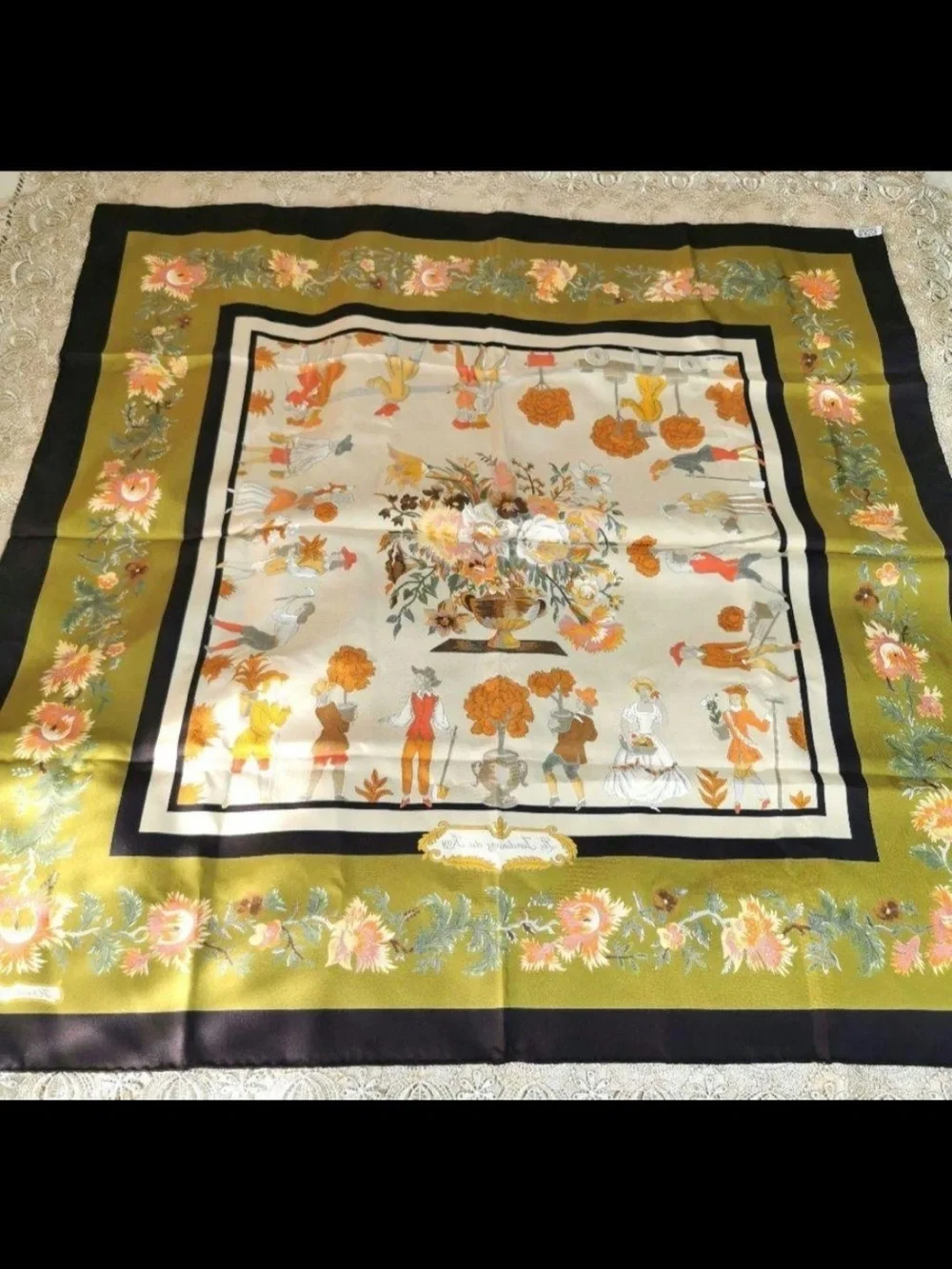 Hermes Olive Green Orange Floral Silk Scarf